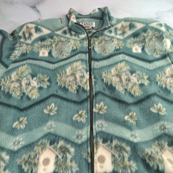 Vintage Teddi Size L Green Floral Jacket sweater full Zipper Pockets - Picture 2 of 8